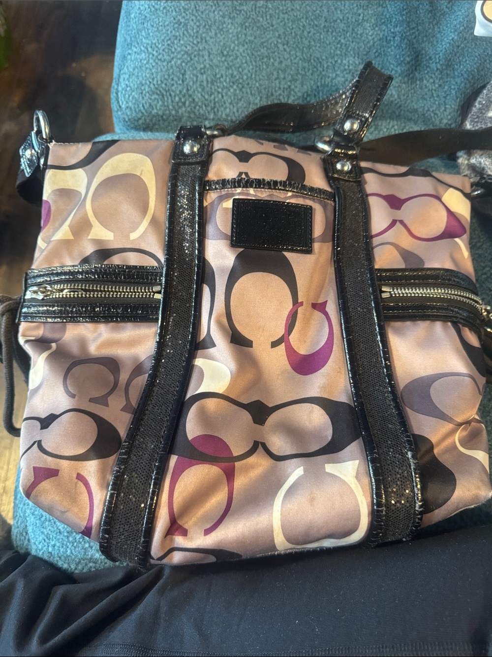 Designer-Style Tote Bag in Taupe with Black and Purple Accents